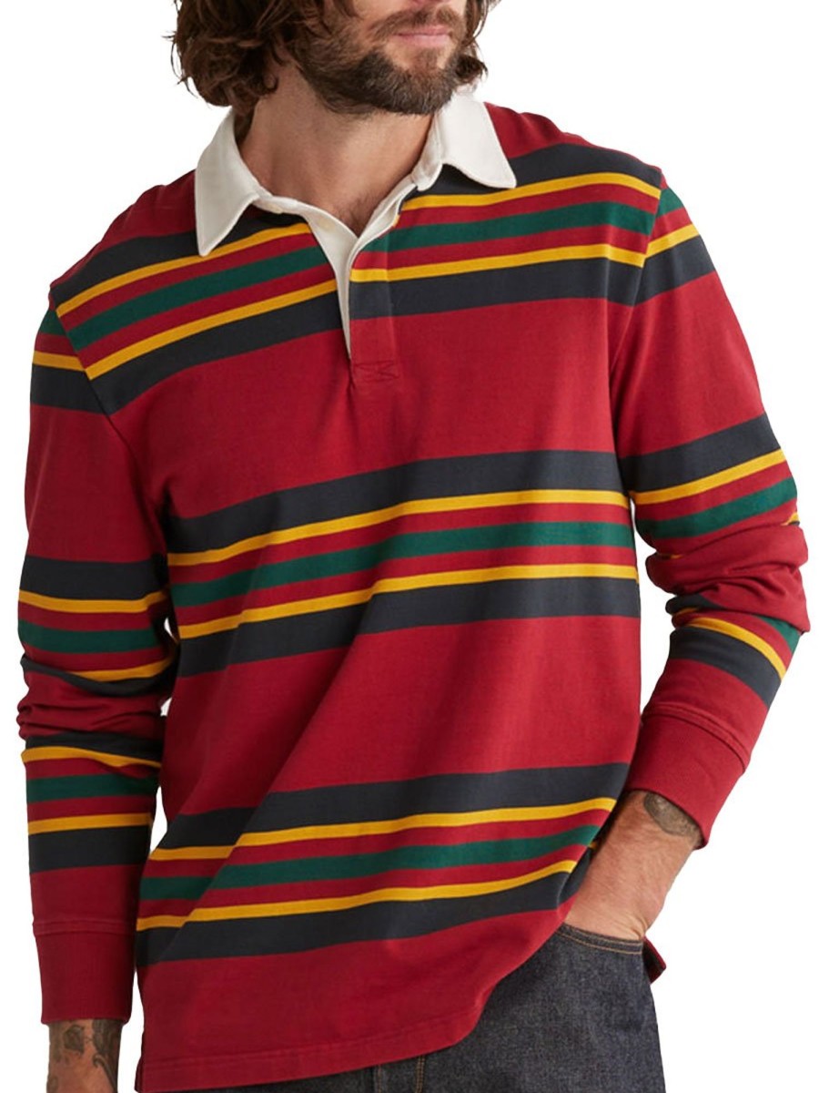 Men TH Casual Shirts | Men'S Retro Rugby Striped Long Sleeve Shirt Red