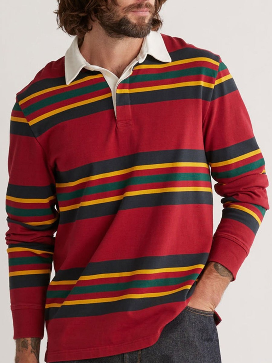 Men TH Casual Shirts | Men'S Retro Rugby Striped Long Sleeve Shirt Red