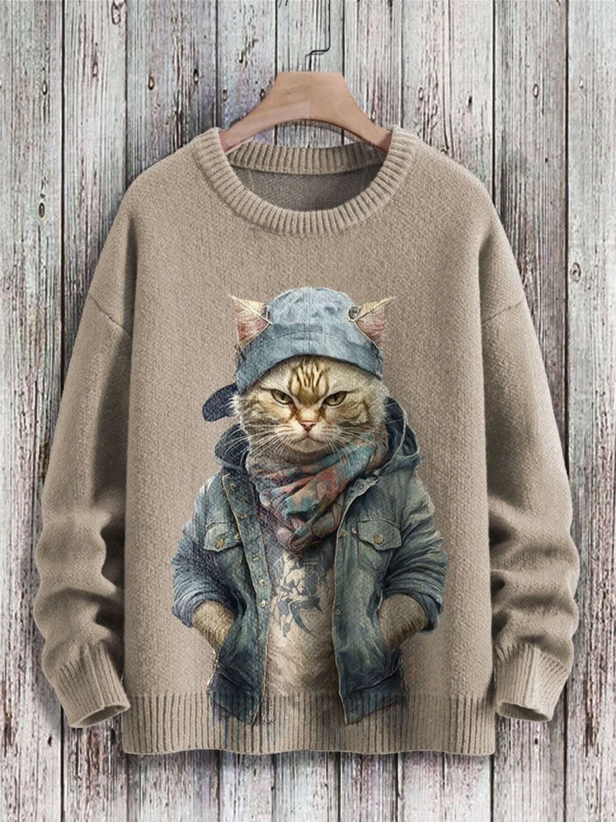 Men BXL Print Sweater | Men'S And Women'S Animal Cool Cat Casual Knitted Pullover Sweater