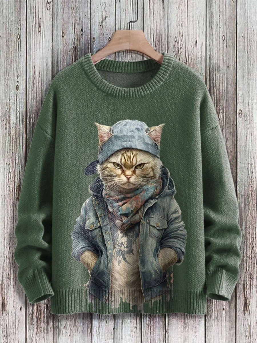 Men BXL Print Sweater | Men'S And Women'S Animal Cool Cat Casual Knitted Pullover Sweater