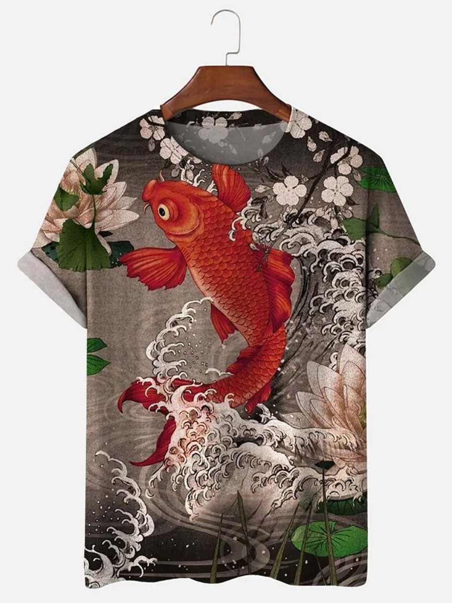 Men HLJ T-Shirts | Men'S Vintage Koi Print Casual Short Sleeve T-Shirt Brown