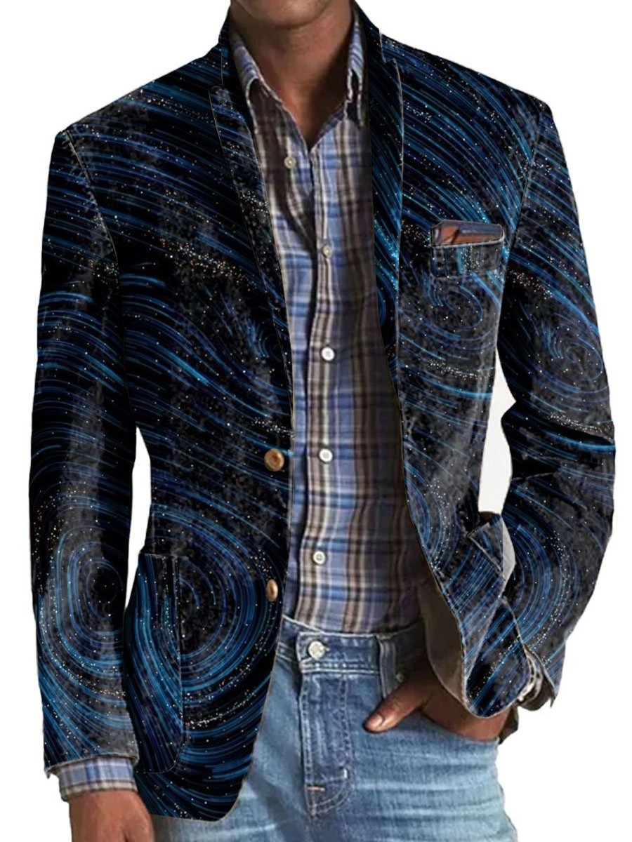 Men TH Print Jacket | Retro Starry Sky Print 3 Pocket Lapel Casual Blazer Blue