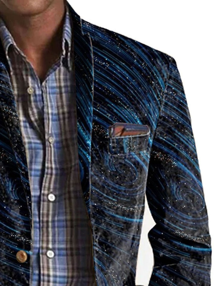 Men TH Print Jacket | Retro Starry Sky Print 3 Pocket Lapel Casual Blazer Blue