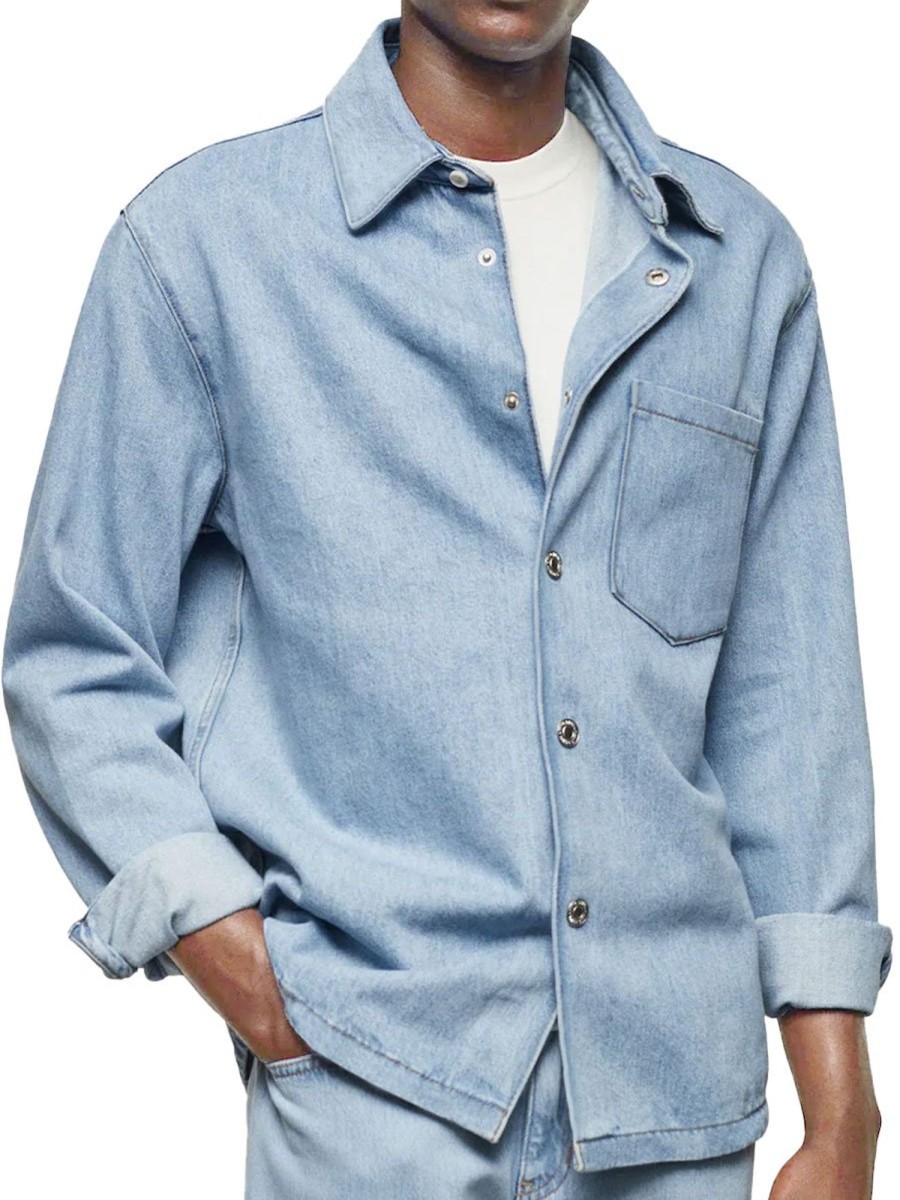 Men BXL Casual Shirts | Men'S Retro Denim Casual Jacket Shirt Light Blue