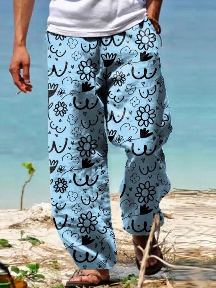 Men DJ Bottoms | Boobs And Flower Printed Pocket Lace -Up Casual Pants Blue