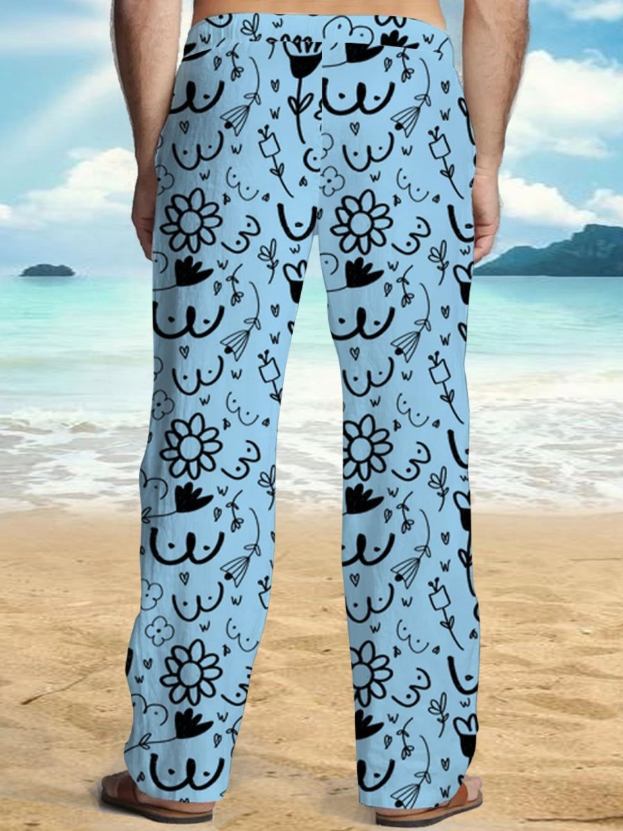 Men DJ Bottoms | Boobs And Flower Printed Pocket Lace -Up Casual Pants Blue