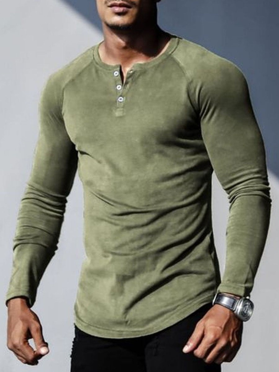 Men DJ Casual Long Sleeve Shirts | Half Open Collar Retro All-Match Casual Long-Sleeved T-Shirt Army Green