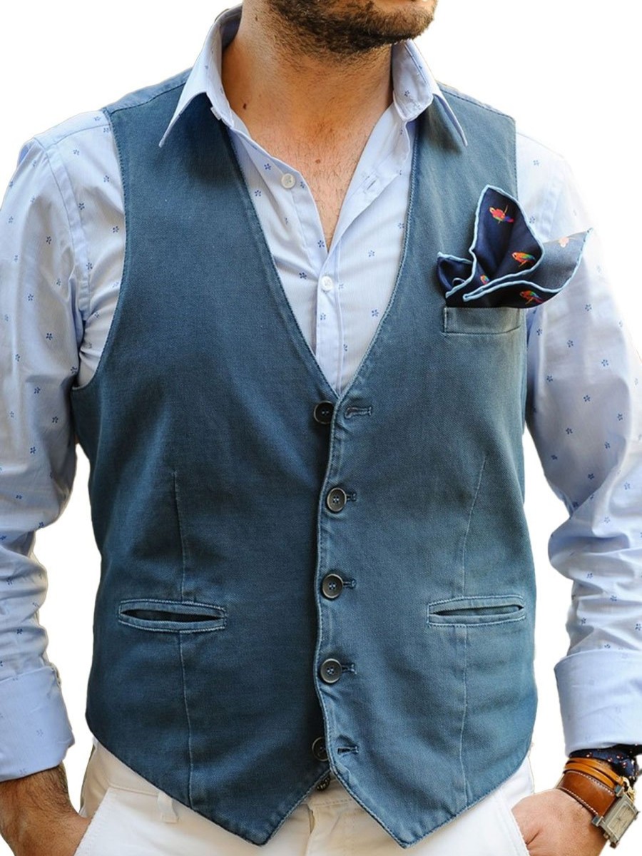 Men BXL Vest | Men'S Retro Multi-Pocket Solid Color Casual Vest Blue