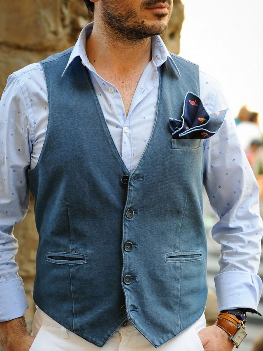 Men BXL Vest | Men'S Retro Multi-Pocket Solid Color Casual Vest Blue