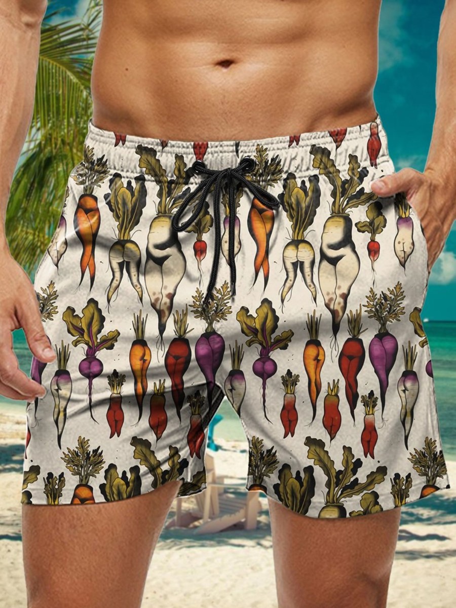 Men HWT Shorts | Men'S Shorts Holiday Sexy Radish Print Beach Shorts Beige