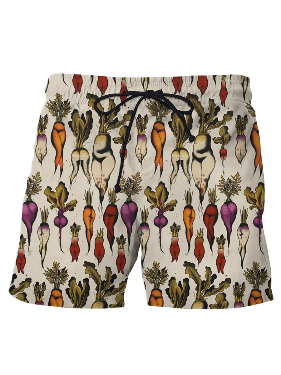 Men HWT Shorts | Men'S Shorts Holiday Sexy Radish Print Beach Shorts Beige