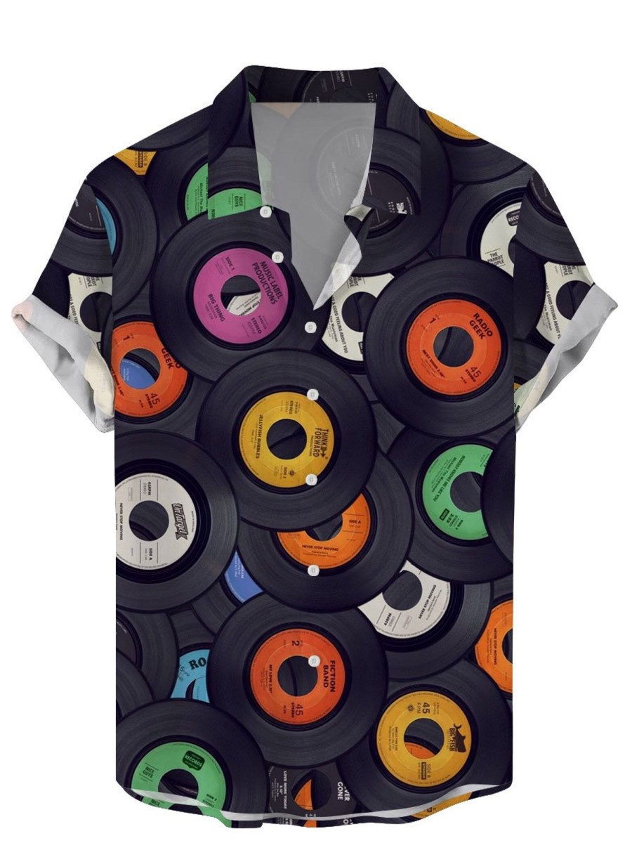 Men TH Shirts | Men'S Vintage Colorful Cd Print Casual Short Sleeve Shirt Black