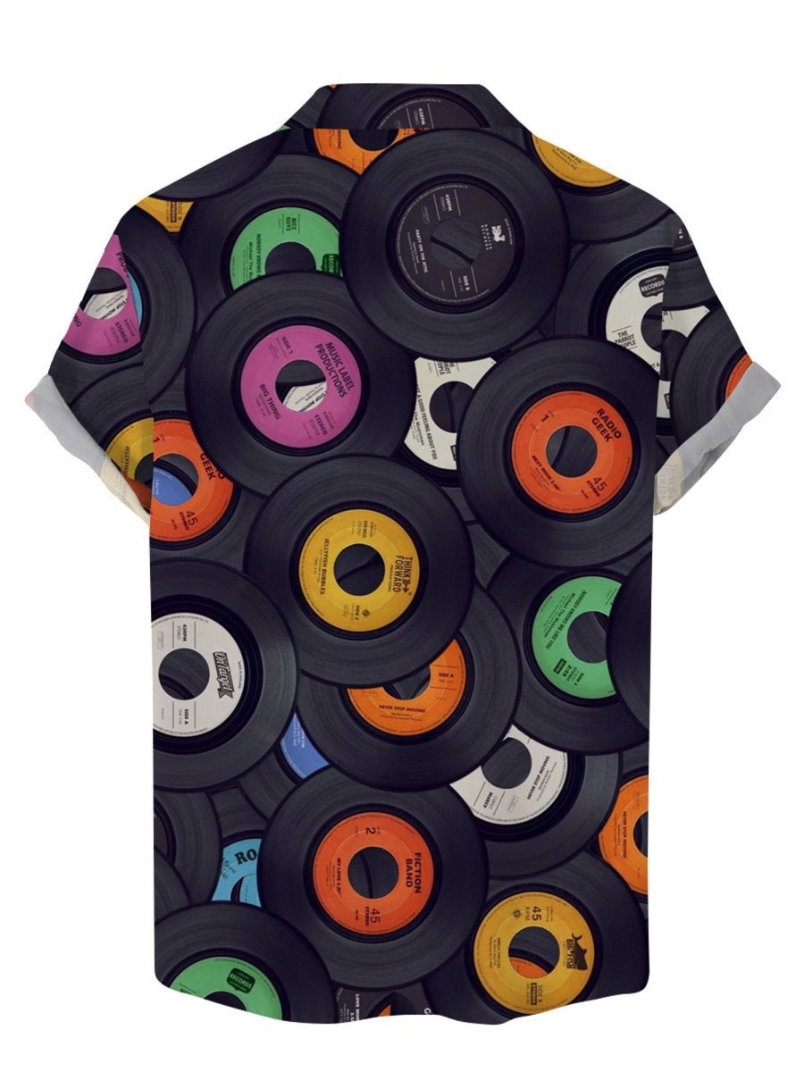 Men TH Shirts | Men'S Vintage Colorful Cd Print Casual Short Sleeve Shirt Black