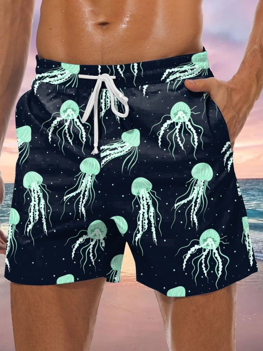 Men GYJ Bottoms | Deep Sea Glow Jellyfish Print Casual Shorts Black