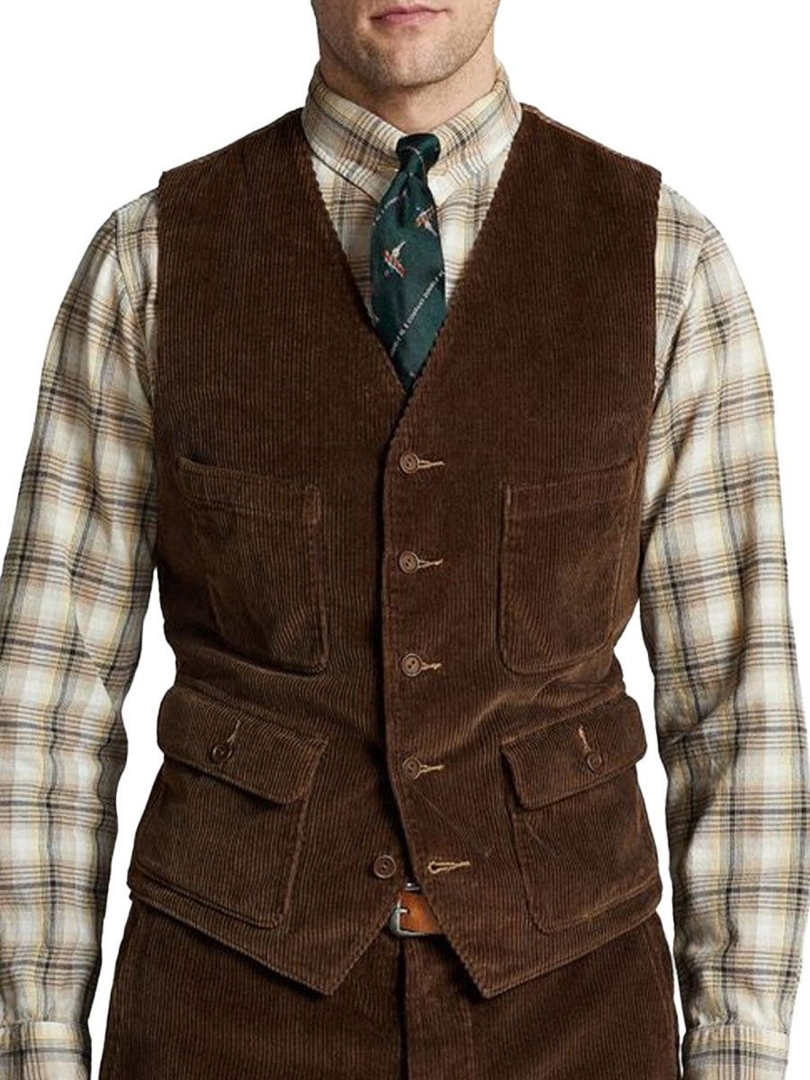 Men BXL Vest | Men'S Vintage Solid Color Corduroy Multi-Pocket Vest Brown