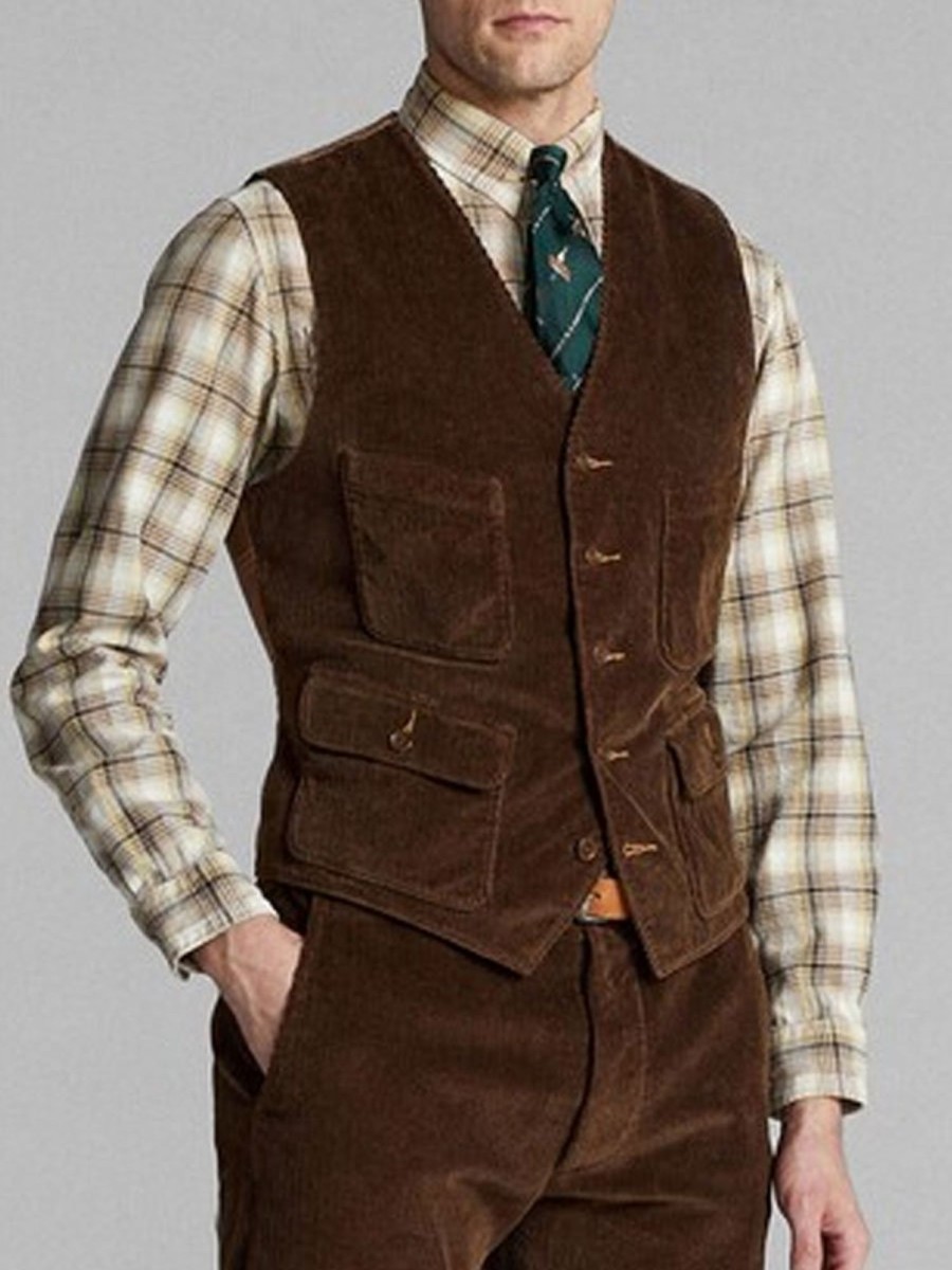 Men BXL Vest | Men'S Vintage Solid Color Corduroy Multi-Pocket Vest Brown