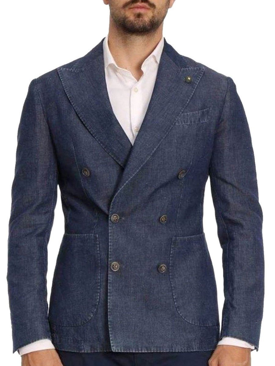 Men BXL Jacket | Men'S Pocket Double Breasted Denim Casual Blazer Dark Blue