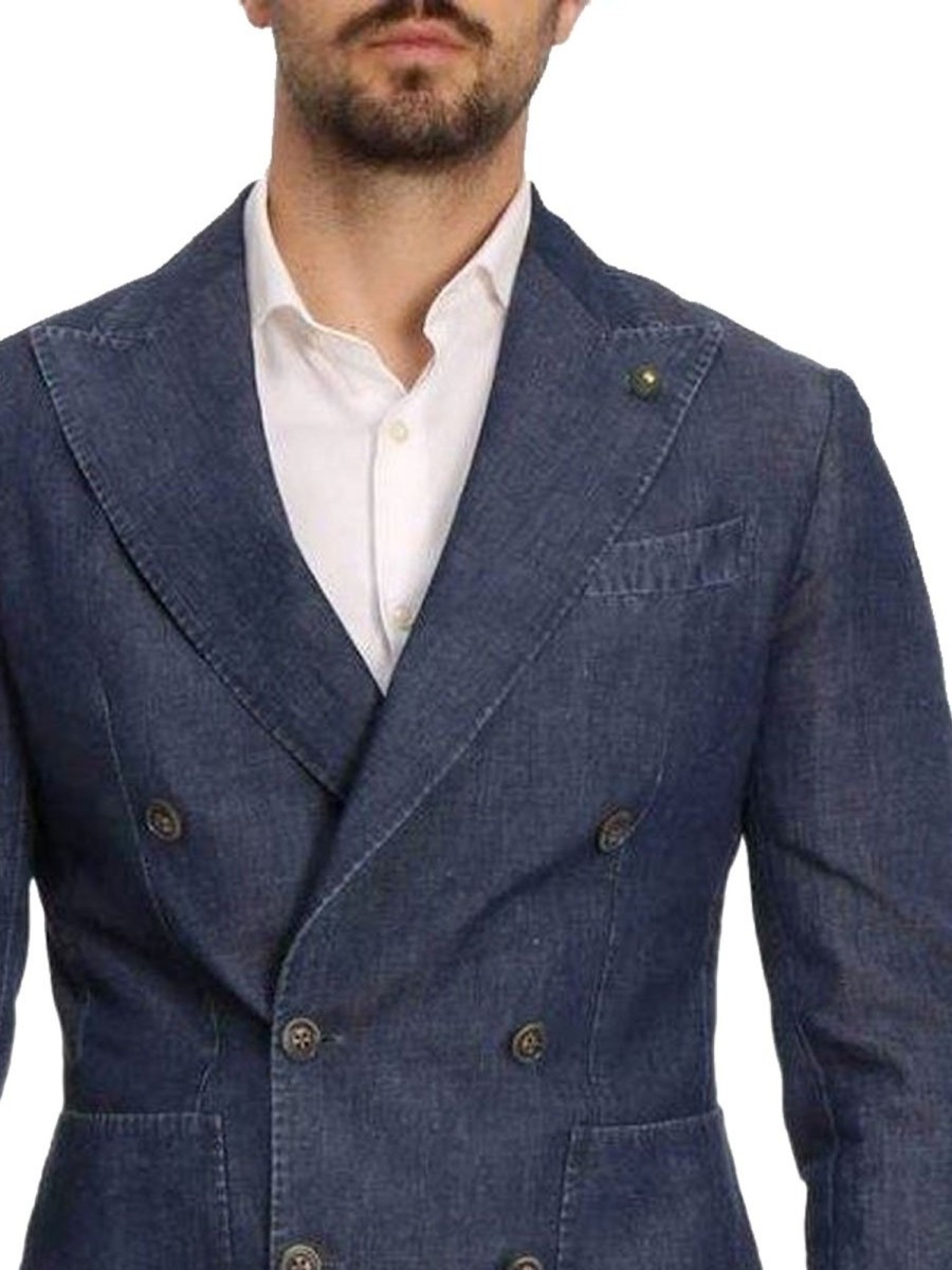 Men BXL Jacket | Men'S Pocket Double Breasted Denim Casual Blazer Dark Blue