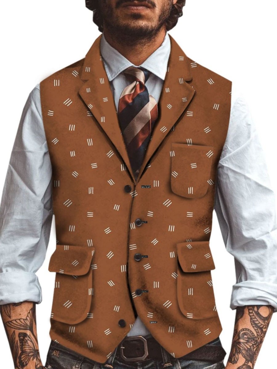 Men TH Vest | Retro Striped Print Three-Pocket Lapel Casual Vest Brown