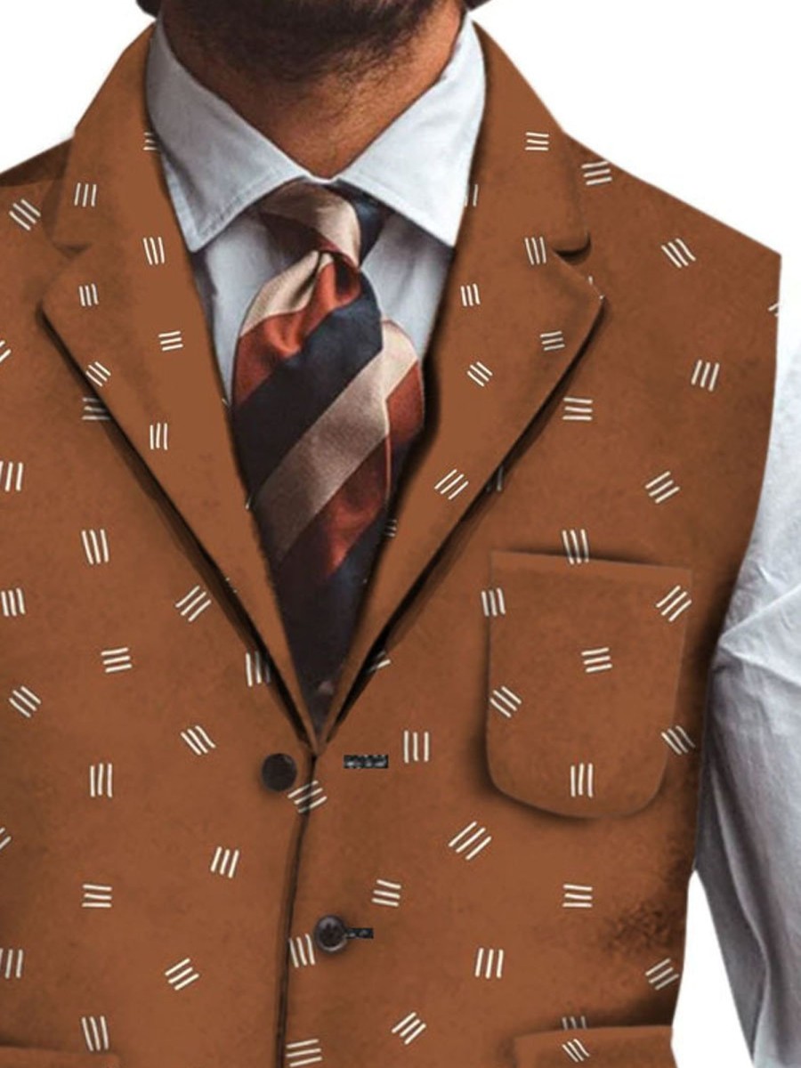 Men TH Vest | Retro Striped Print Three-Pocket Lapel Casual Vest Brown