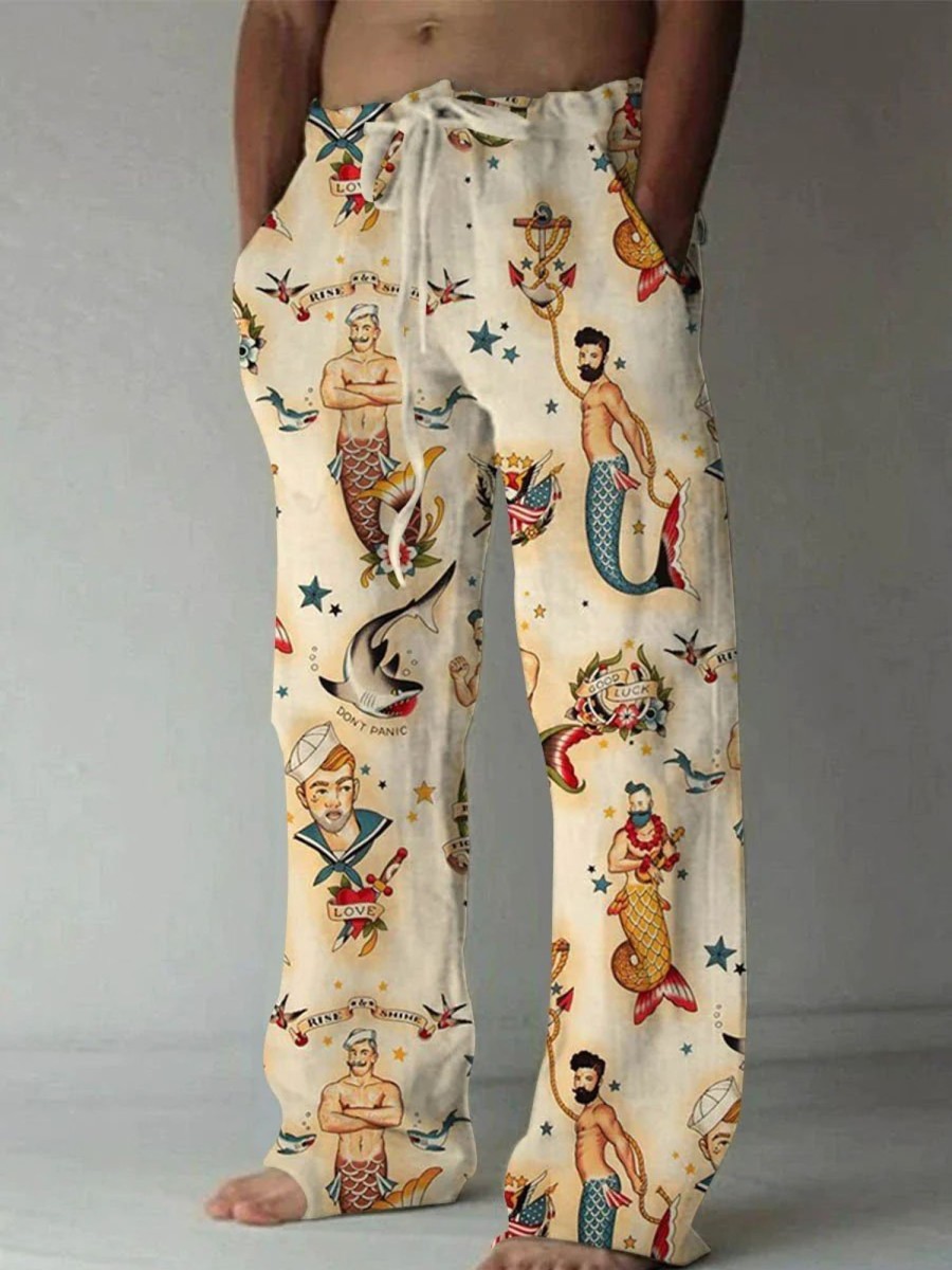 Men DJ Bottoms | Men'S Mermaid Sailor Print Loose Fit Pants Khaki