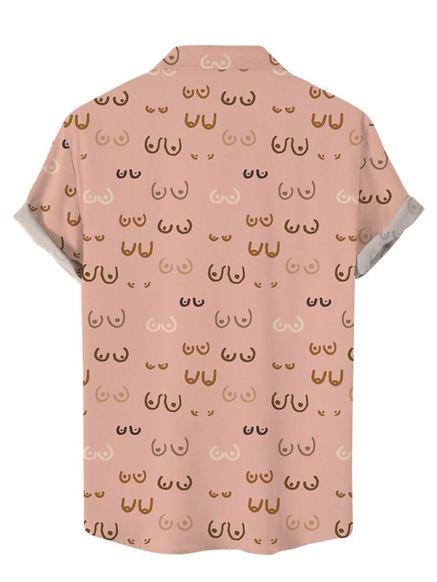 Men DJ Shirts | Fun Boobs Stick Figure Print Hawaiian Short Sleeve Shirt Pink