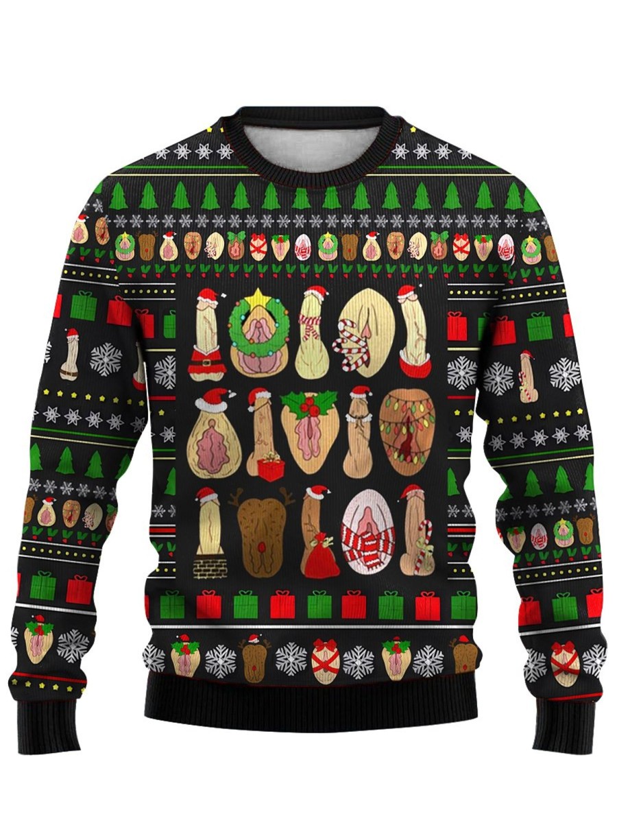 Men DJ Ugly Sweater | Merry Christmas Cocks Print Crewneck Sweatshirt Photo Color