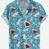 Men HLJ Shirts | Shark Attack Print Casual Short Sleeve Shirt Blue