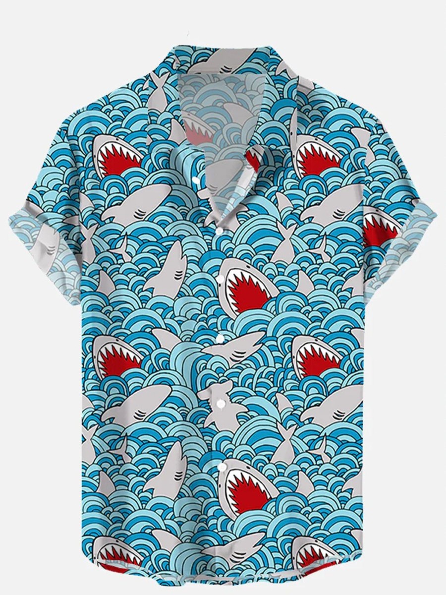 Men HLJ Shirts | Shark Attack Print Casual Short Sleeve Shirt Blue