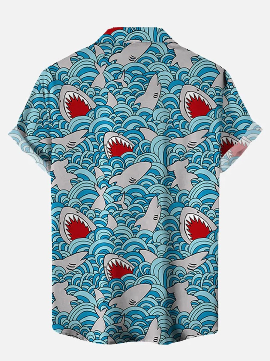 Men HLJ Shirts | Shark Attack Print Casual Short Sleeve Shirt Blue