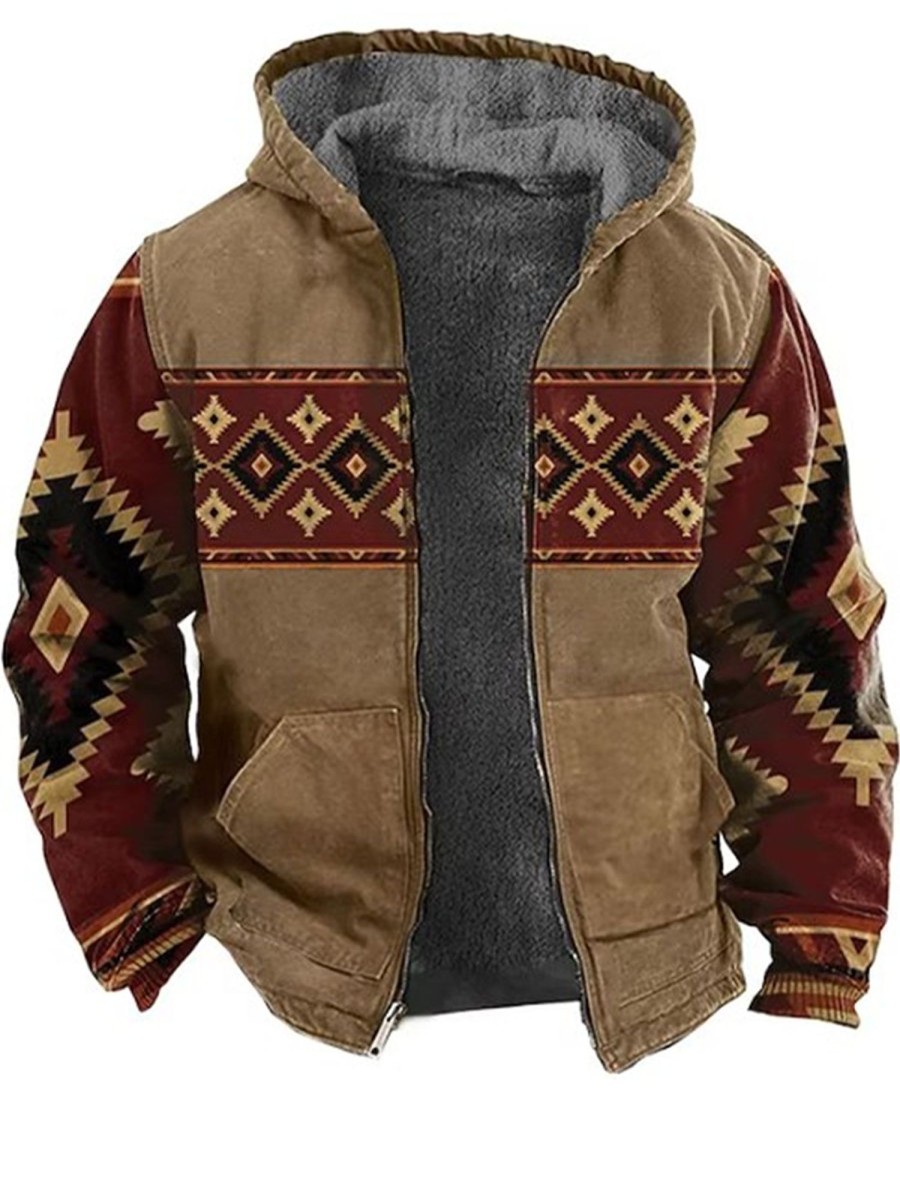 Men GYJ Jacket | Vintage Pattern Printed Double Pocket Fleece Hooded Jacket Photo Color