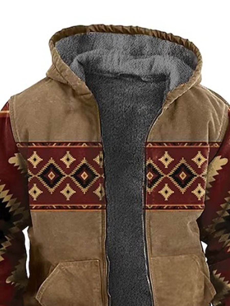 Men GYJ Jacket | Vintage Pattern Printed Double Pocket Fleece Hooded Jacket Photo Color