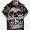 Men findercube Shirts | Men'S Skull Flower Print Short Sleeve Shirt Black