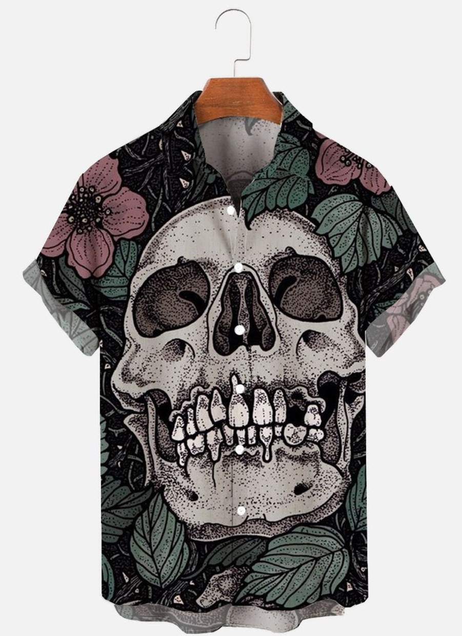 Men findercube Shirts | Men'S Skull Flower Print Short Sleeve Shirt Black