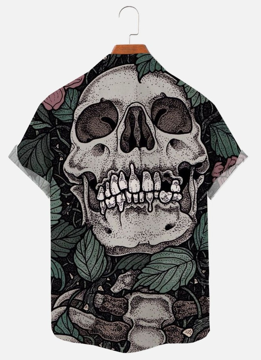 Men findercube Shirts | Men'S Skull Flower Print Short Sleeve Shirt Black