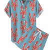 Men HLJ Set | Hawaiian Lobster Print Pocket Short Sleeve Shirt Set Sky Blue