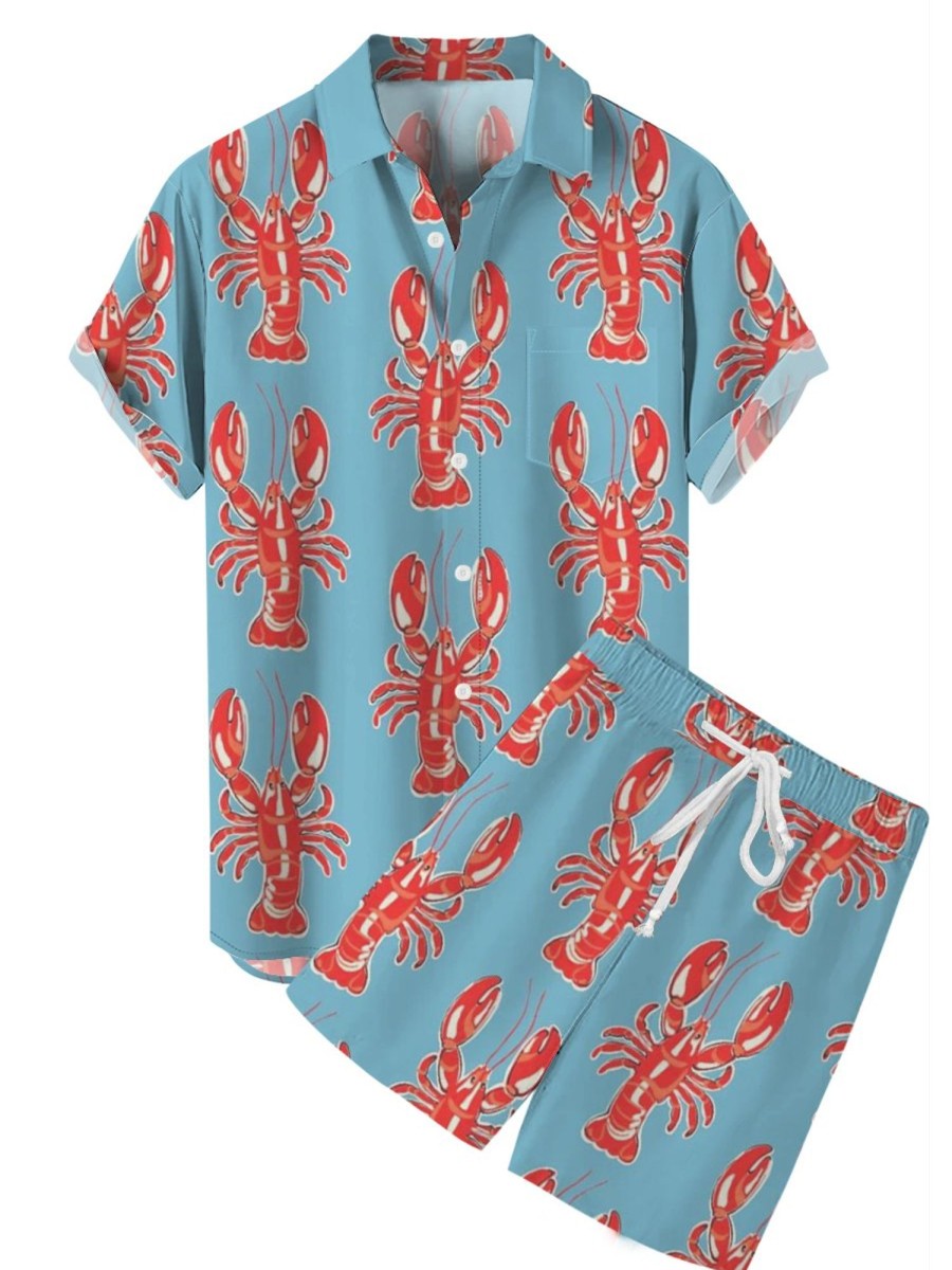 Men HLJ Set | Hawaiian Lobster Print Pocket Short Sleeve Shirt Set Sky Blue