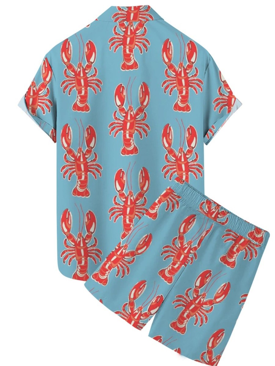 Men HLJ Set | Hawaiian Lobster Print Pocket Short Sleeve Shirt Set Sky Blue