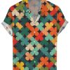 Men DJ Shirts | Colorful Lucky Clover Print Casual Hawaiian Short Sleeve Shirt Photo Color