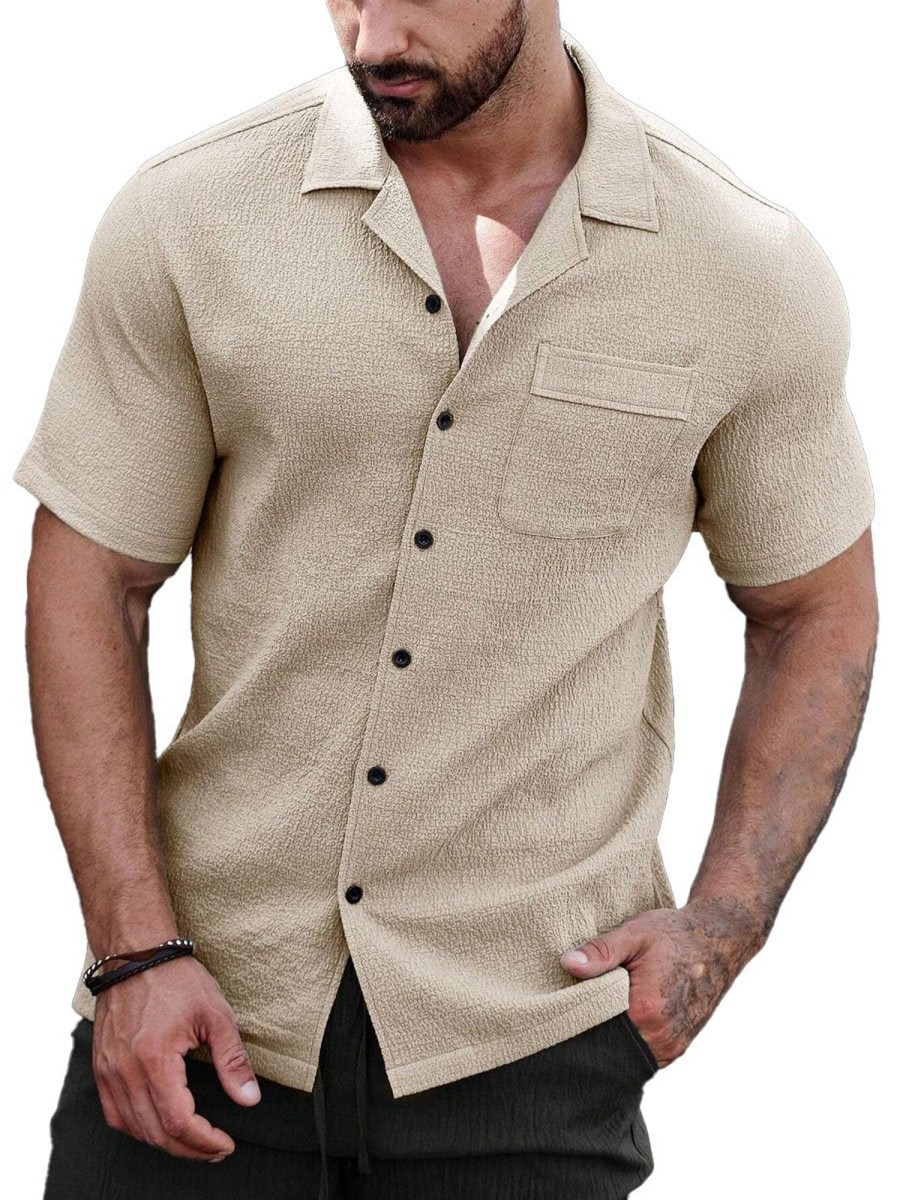 Men DJ Casual Short Sleeve Shirts | Solid Color Lapel Single Pocket Short Sleeve Shirt Khaki