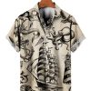 Men HWT Shirts | Vintage Hawaiian Shirts Nautical Mermaid Boat Easy Care Aloha Shirts Khaki