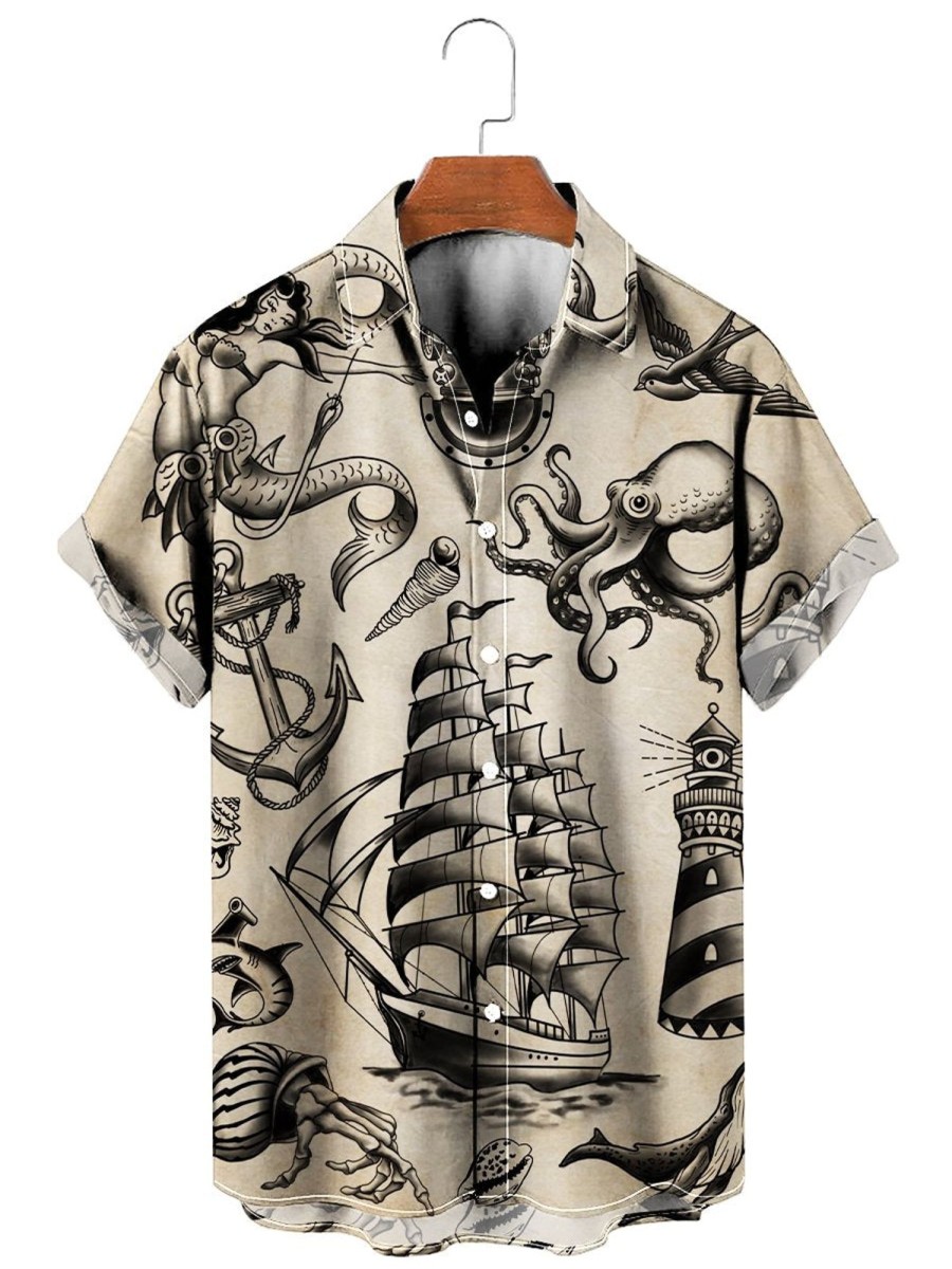 Men HWT Shirts | Vintage Hawaiian Shirts Nautical Mermaid Boat Easy Care Aloha Shirts Khaki