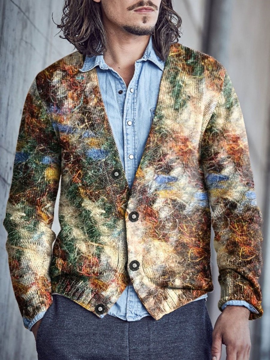 Men BXL Print Cardigan | Men'S Colorful Yarn Button V-Neck Woolen Cardigan Brown