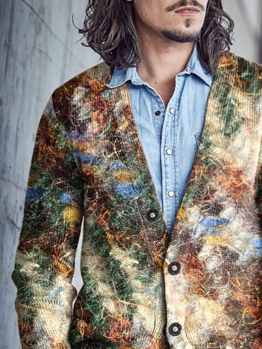 Men BXL Print Cardigan | Men'S Colorful Yarn Button V-Neck Woolen Cardigan Brown