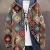 Men DJ Jacket | Retro Geometric Print Double Pocket Plus Velvet Hooded Cardigan Photo Color