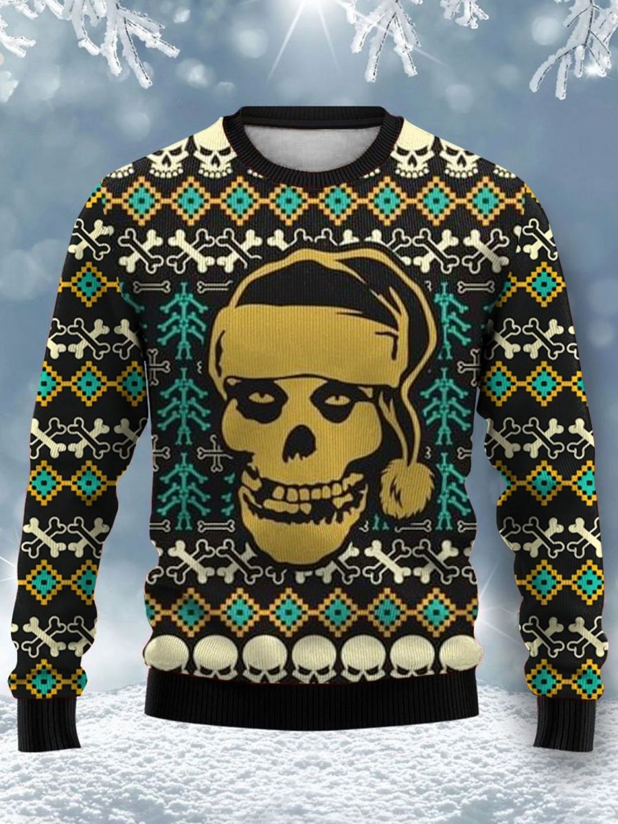 Men DJ Ugly Sweater | Retro Skull Print Casual Crew Neck Sweatshirt Dark Green