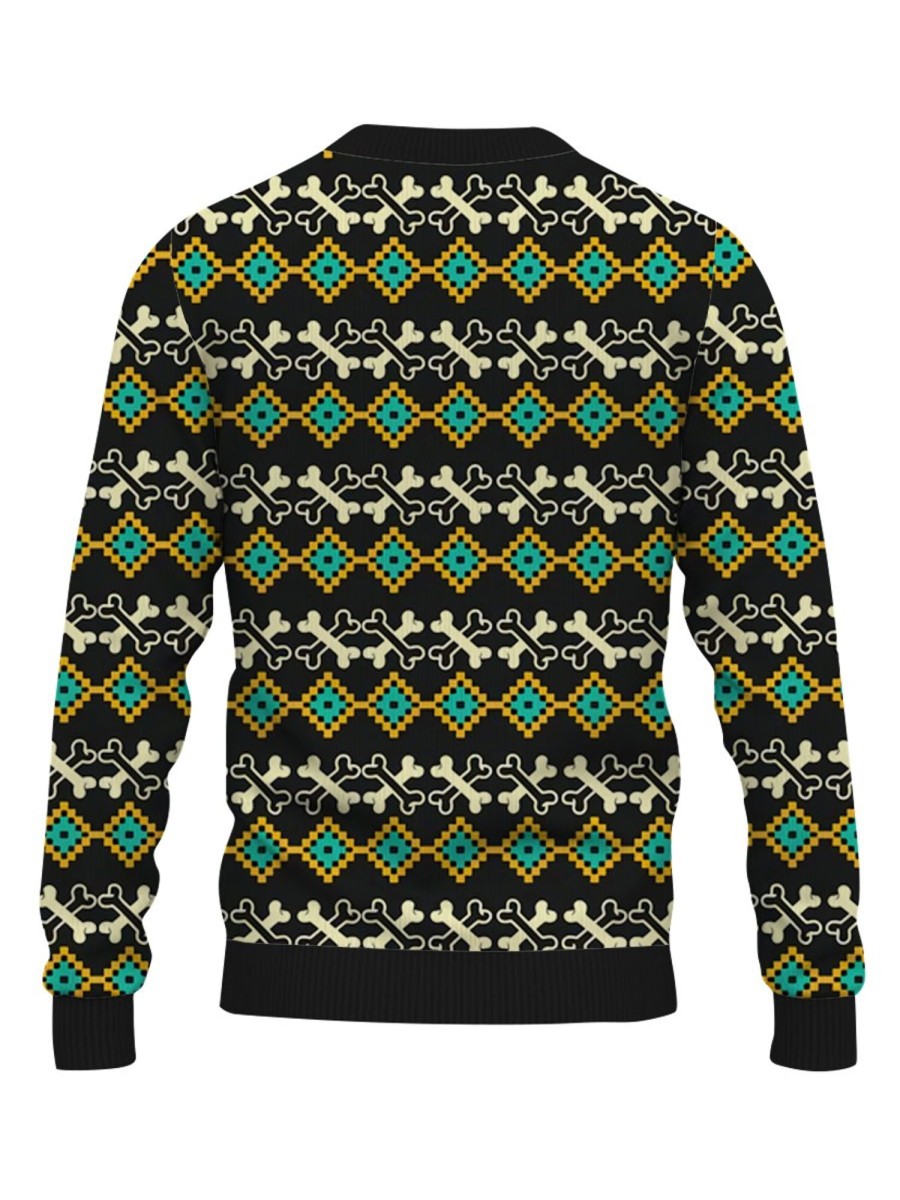 Men DJ Ugly Sweater | Retro Skull Print Casual Crew Neck Sweatshirt Dark Green