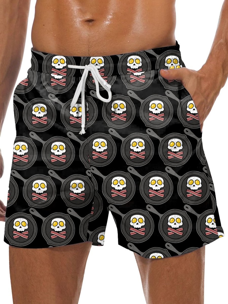 Men GYJ Bottoms | Skull Fried Egg Pan Print Track Shorts Black