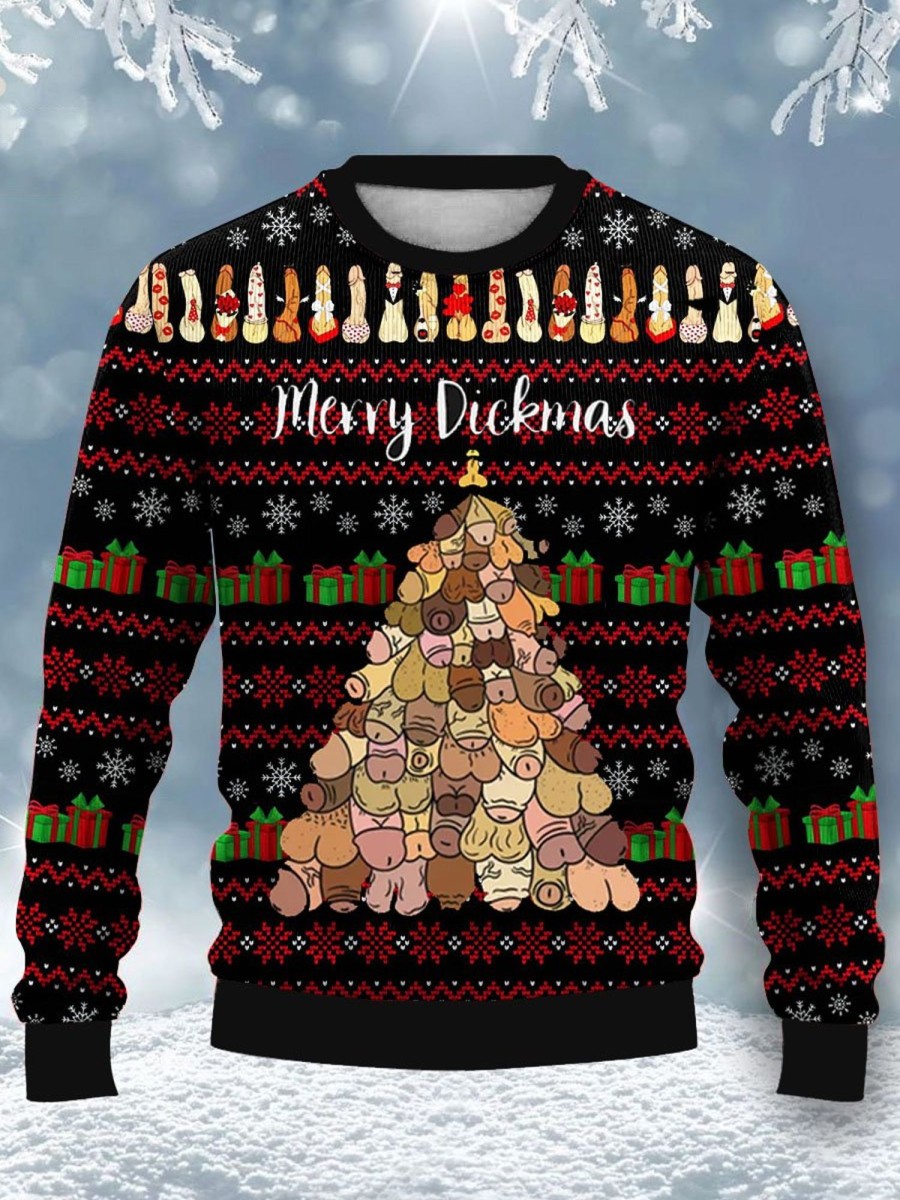 Men DJ Ugly Sweater | Retro Merry Cocksmas Printed Casual Crew Neck Sweatshirt Photo Color