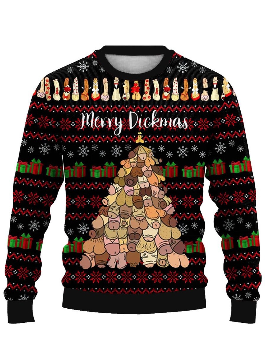 Men DJ Ugly Sweater | Retro Merry Cocksmas Printed Casual Crew Neck Sweatshirt Photo Color